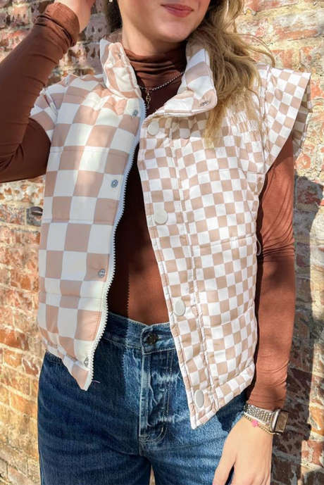 Colete cáqui xadrez contrastante acolchoado com botões e fecho de zíper