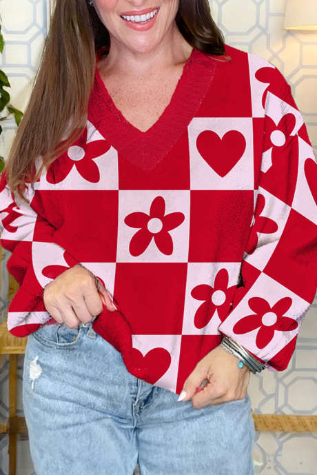 Pull ample en maille à carreaux rouge vif avec col en V et détails en forme de cœur et de fleurs