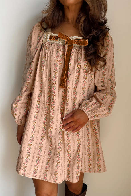 カーキ色の花柄プリント、コントラストベルベット、リボン、レース、パッチワーク、長袖、ゆったりミニドレス