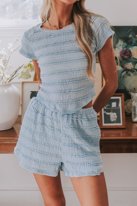 Ensemble short de détente 2 pièces Beau Blue à bordure en dentelle texturée et volantée