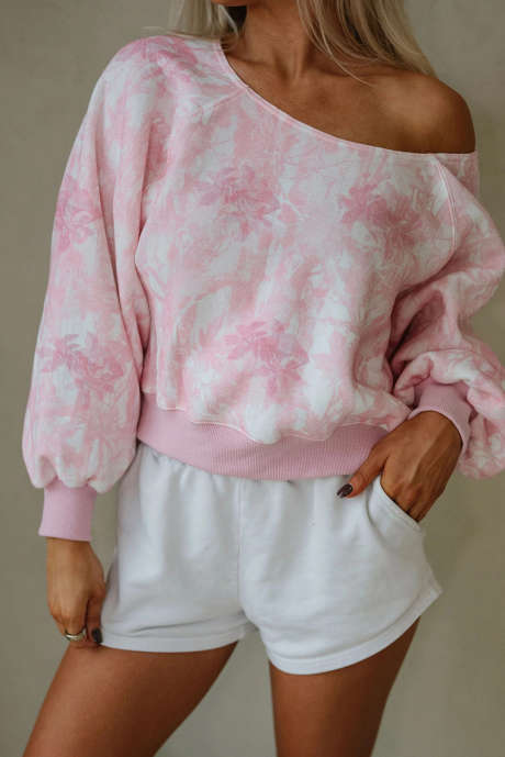 Pink Abstract Woodland Print Asymmetric Shoulder Long Sleeve Top