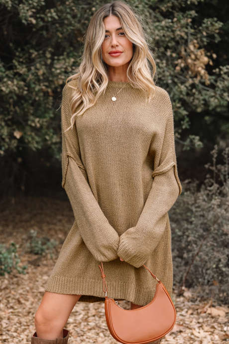 Pale Khaki Oversize Drop Shoulder Slouchy Sweater Dress