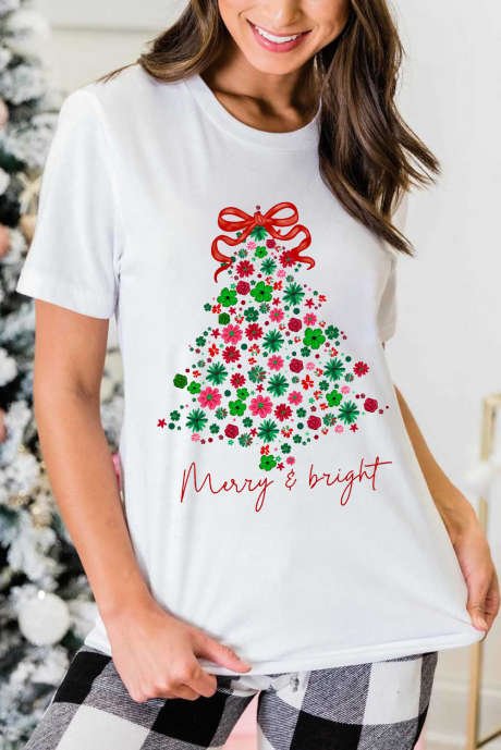 Camiseta branca com estampa floral de árvore de Natal alegre e vibrante LC25230195-1
