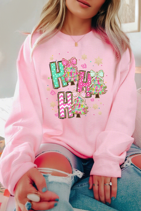 Sweat-shirt rose à imprimé sapin de Noël HO HO HO LC25320912-10