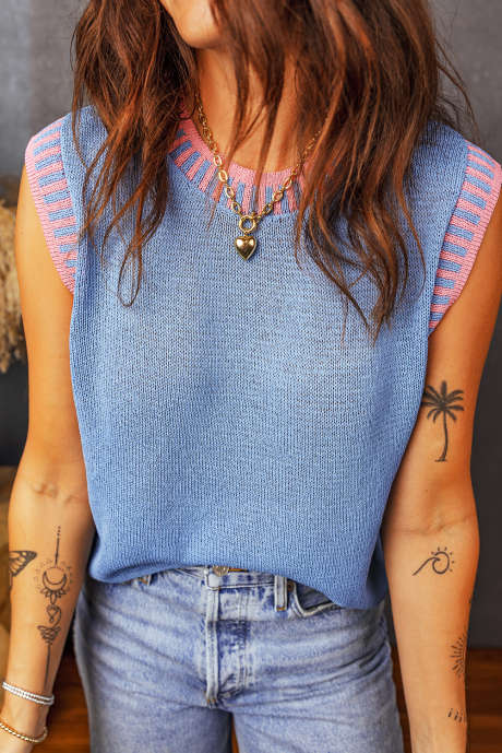 Pull sans manches à col rond et bordure contrastée bleu ciel LC2761045-P304