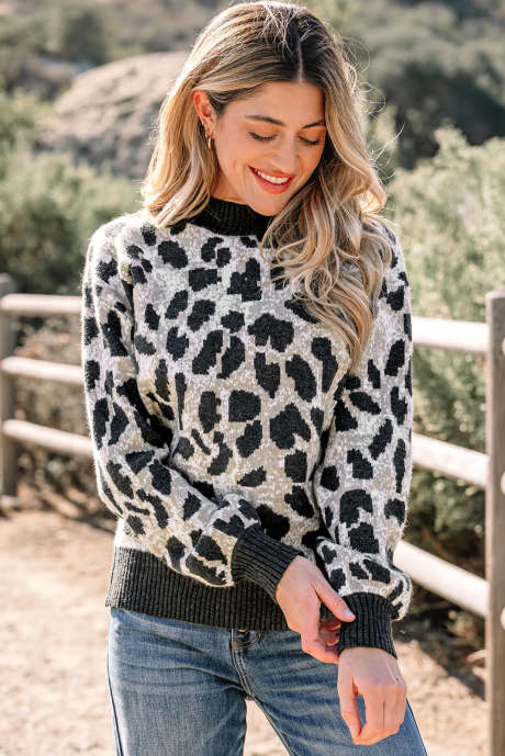 Kolgrå Leopardfärgad Baggy Tröja Med Nedsänkta Axlar