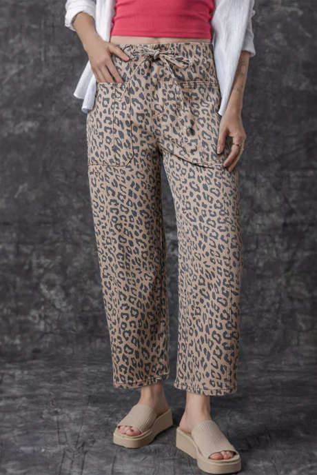 Khakifarbene Jeans mit weitem Bein und Leopardenmuster, Kordelzug und elastischem Bund, Taschen LC7875229-P1620