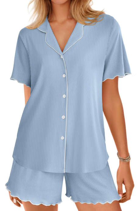 Ensemble pyjama 2 pièces Beau Blue à bordures contrastées et côtelé