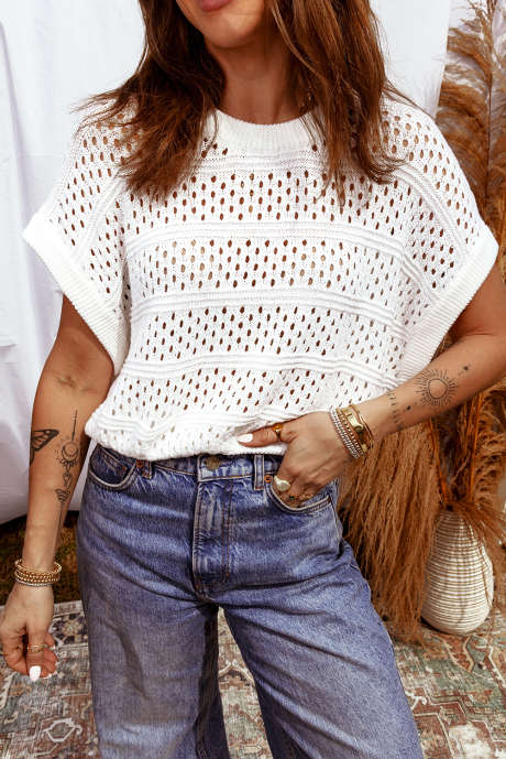 Suéter branco vazado de gola redonda estilo dolmã LC2771281-P1