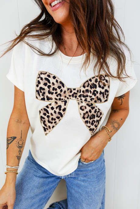 White Leopard Bow Embroidered Cotton Round Neck T Shirt
