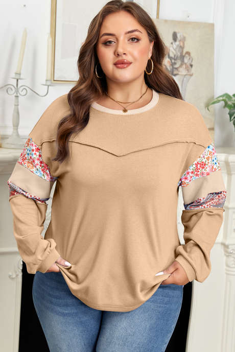 Khaki blootliggende naad bloemen gemengd patchwork relaxte plus size top