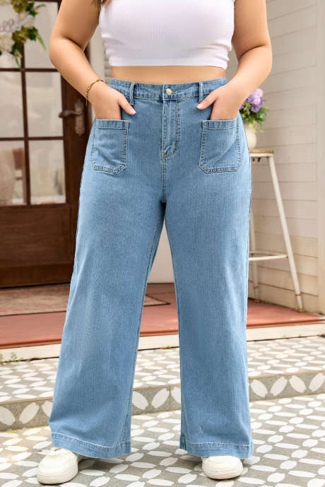 Jean texturé bleu crépuscule à jambes larges et poches plaquées, grande taille