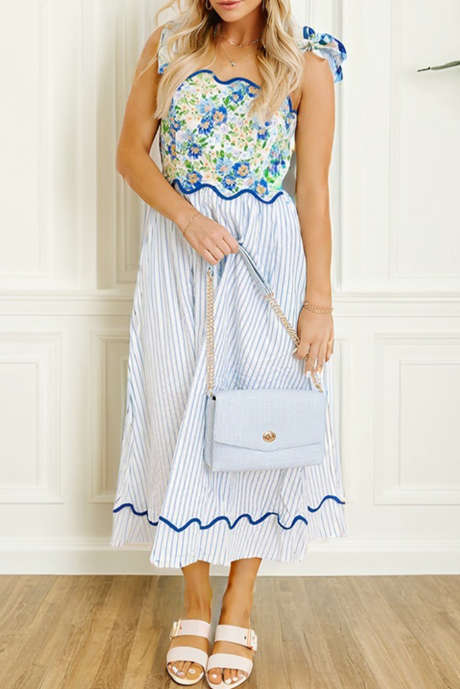 Sky Blue Stripe French Countryside Floral Bodice Smocked Back Tied Straps Striped Midi Dress