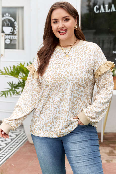 Khaki Plus Size Sweatshirt met Ruches aan de Armen en Luipaardprint