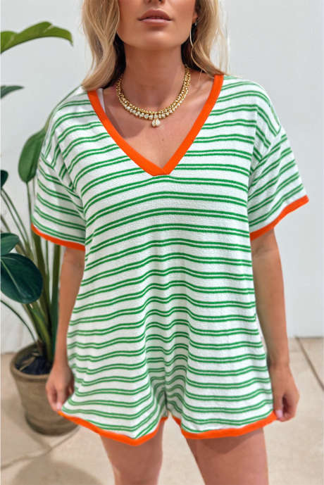 Groene gestreepte Allie oversized romper met V-hals