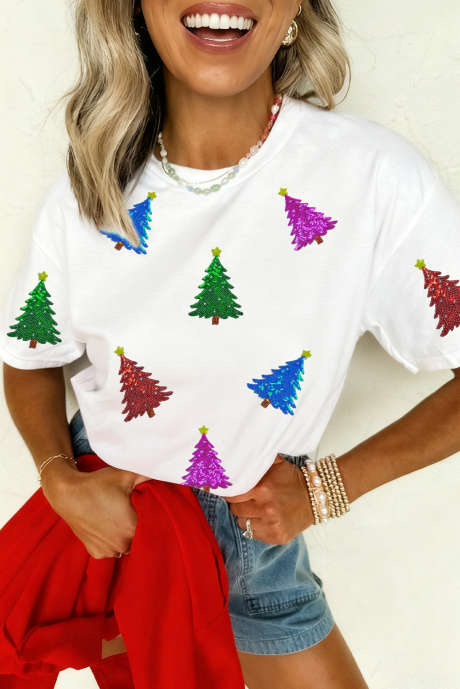 Camiseta navideña con mangas con puños y estampado de árbol de Navidad con purpurina blanca