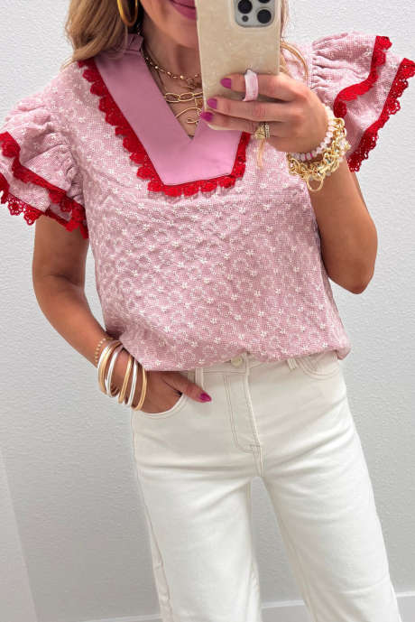 Pink Eyelet Embroidered Flower Texture Contrast Lace Trim Flutter Sleeve Blouse