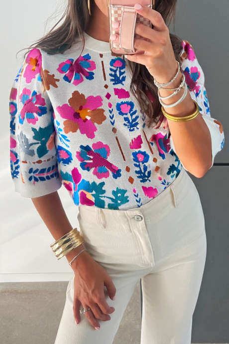 ローズフローラルプリント半袖ニットカジュアルセーター