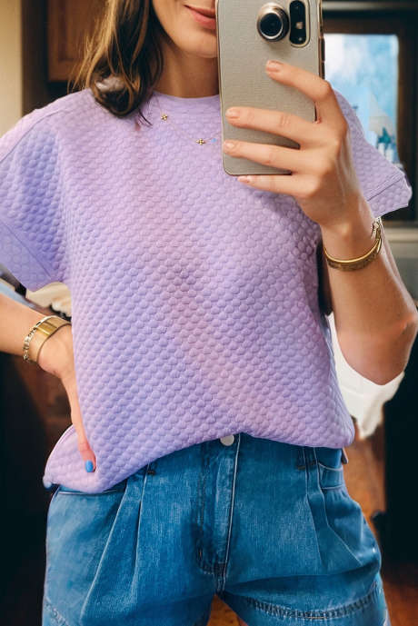 ラベンダー無地テクスチャー半袖トップス