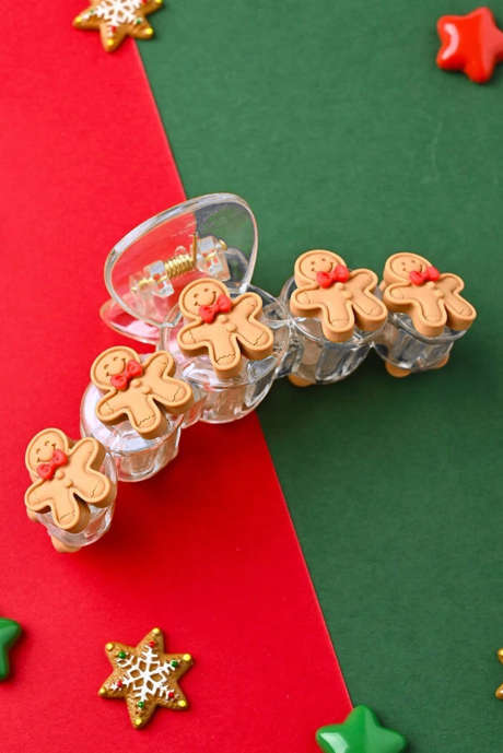 Pinza para el pelo navideña con diseño de hombrecito de jengibre en beige francés claro BH043514-P4016