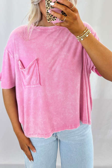 ボンボン ミネラルウォッシュ リブニット ローシーム パッチポケット ルーズTシャツ