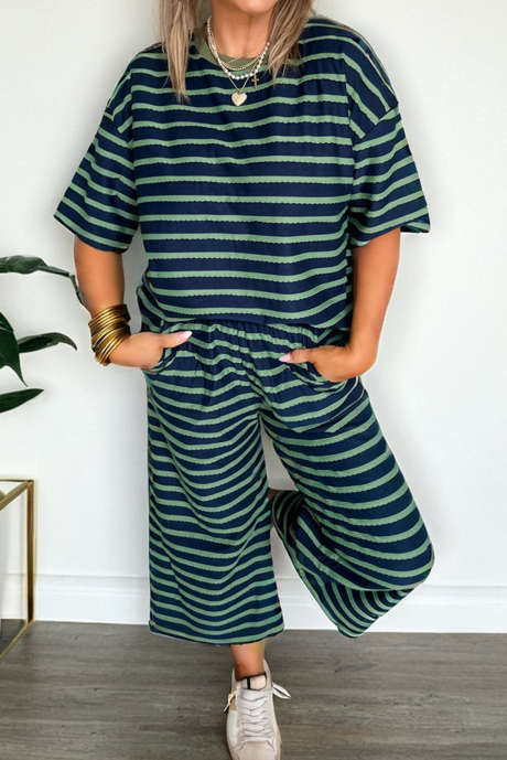 ブルーストライプ ハーフスリーブ Tシャツ パンツ 2ピース ラウンジセット