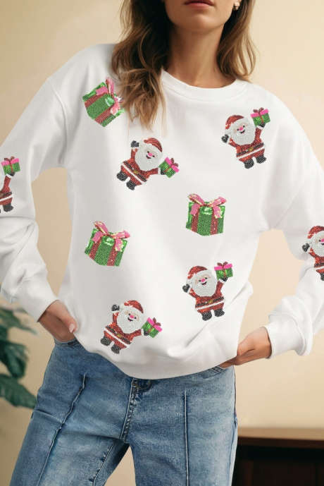 Weißes Weihnachtssweatshirt mit Pailletten und Weihnachtsmotiv „Weihnachtsmann bringt Geschenke“ LC25320944-15