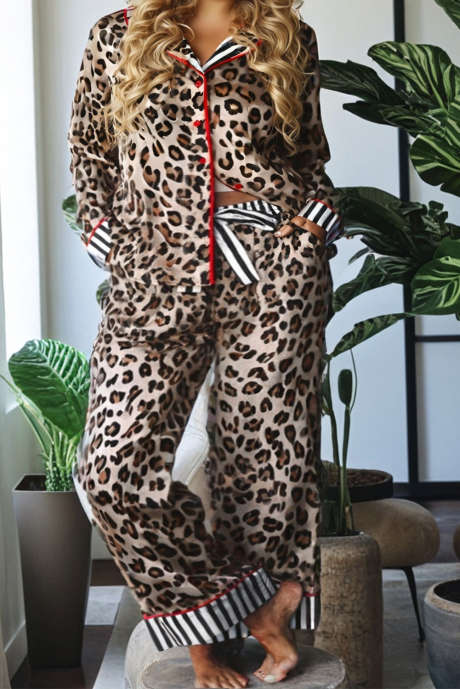 Khaki Plus Leopard Print Contrast Piping Striped Patchwork Shirt Style 2pcs Pajama Set