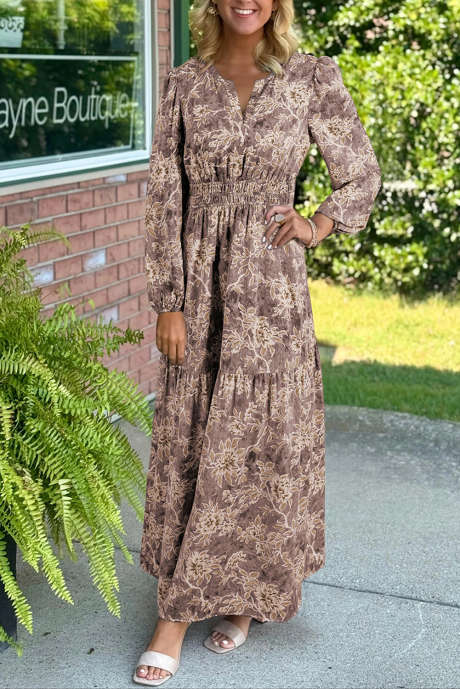Robe longue marron à imprimé floral, taille haute, manches longues et smockées