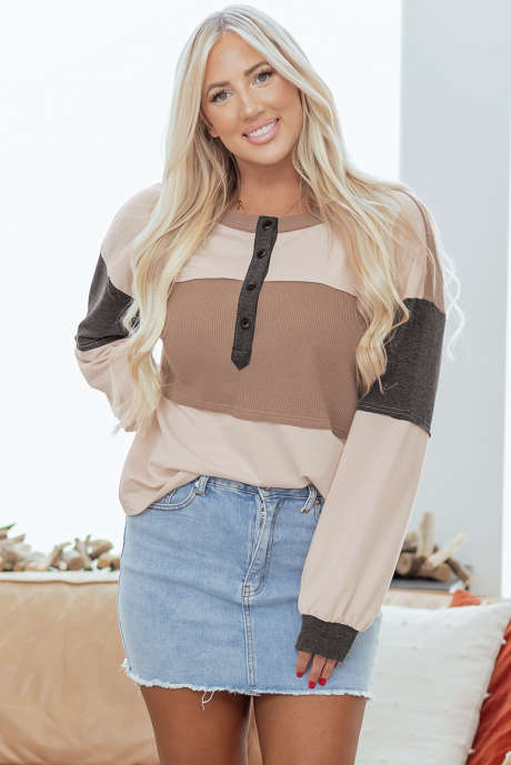Jet Stream Color Block Waffle Patchwork Losse Henley Top