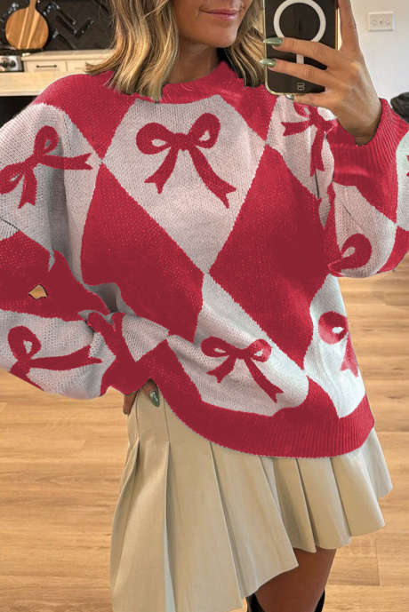 Suéter holgado de punto con rombos bicolor y estampado de lazo rojo LC2727718-P322