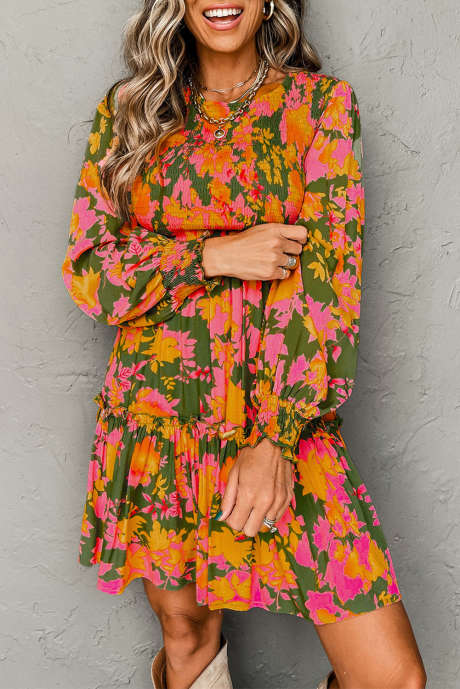 Minišaty s dlouhým rukávem a vícebarevným květinovým potiskem a volánky