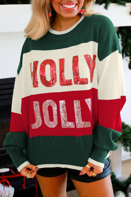 Pull ras du cou à blocs de couleurs HOLLY JOLLY à paillettes vertes