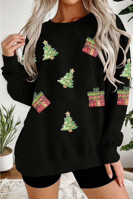 Schwarzes Pailletten-Sweatshirt mit Weihnachtsmotiven, aufgenähten Geschenken und überschnittenen Schultern (LC25320953-2)