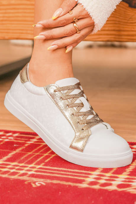 Chaussures à lacets en cuir PU à paillettes et imprimé léopard blanc BH023719-P101