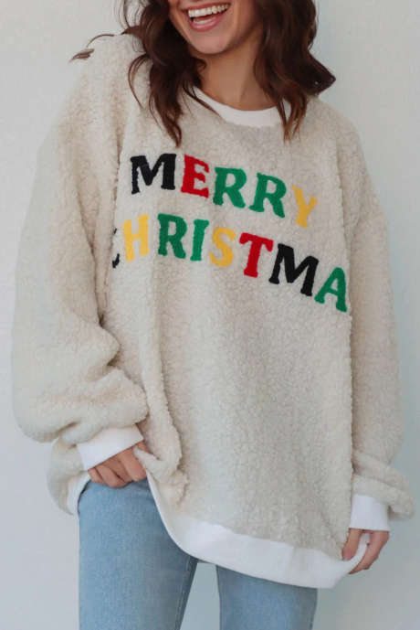 Sweat-shirt blanc brodé multicolore en sherpa MERRY CHRISTMAS LC25320398-P101