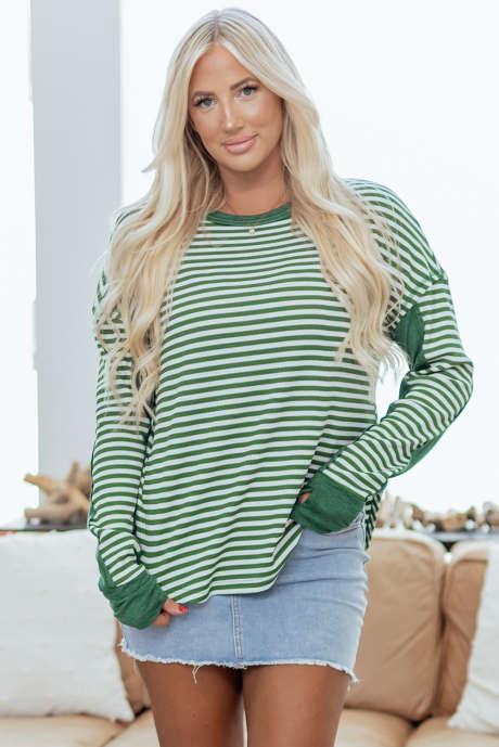 Dearlovers Groene gestreepte, thermisch gebreide casual top met verlaagde schouders