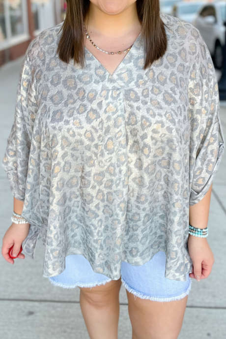 シルバー プラスサイズ ピンチ Vネック ブレスレットスリーブ ドルマンブラウス