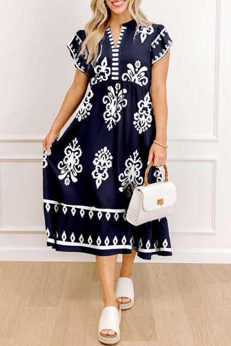 Vestido midi de manga corta con cuello en V y estampado étnico occidental