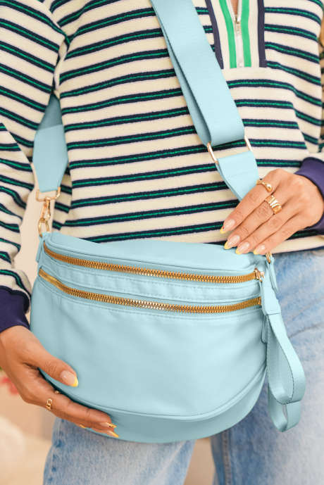 Hellblaue, halbmondförmige, verstellbare Schultertasche mit Doppelreißverschluss BH031437-P4