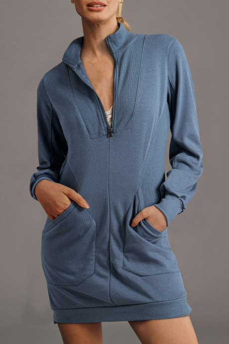 アイビー ジップアップカラー リブ パッチワーク スウェットシャツ ドレス ポケット付き