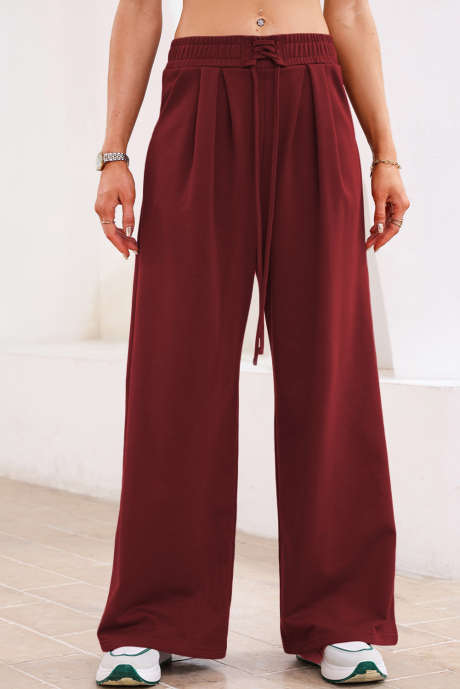 Burgundy Tied Elastic High Waist Pleated Detail Solid Sweatpants LC265311-P503
