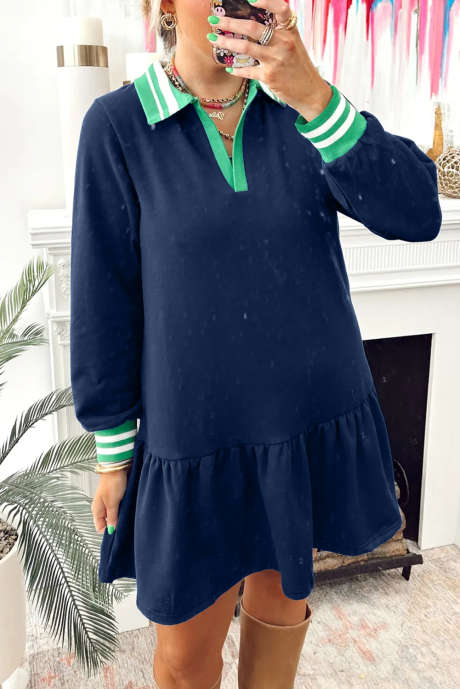 ネイビーブルーのコントラストストライプカフスポロカラーパッチワーク長袖フリル裾ミニドレス