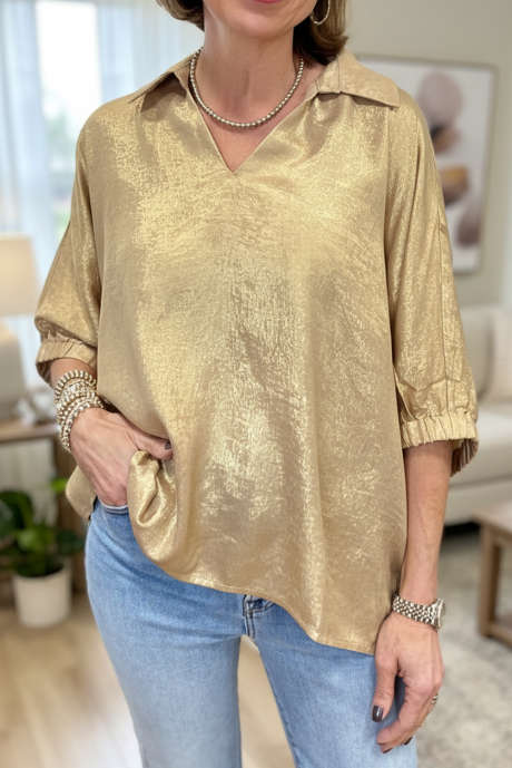 Haut à col V et manches courtes en métal doré métallisé