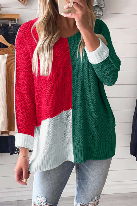 Pull ample à col en V et blocs de couleurs Evergreen