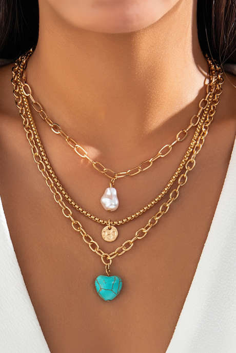 Vergoldetes Barockperlen-Türkisherz-3-teiliges Halskettenset BH014617-P12