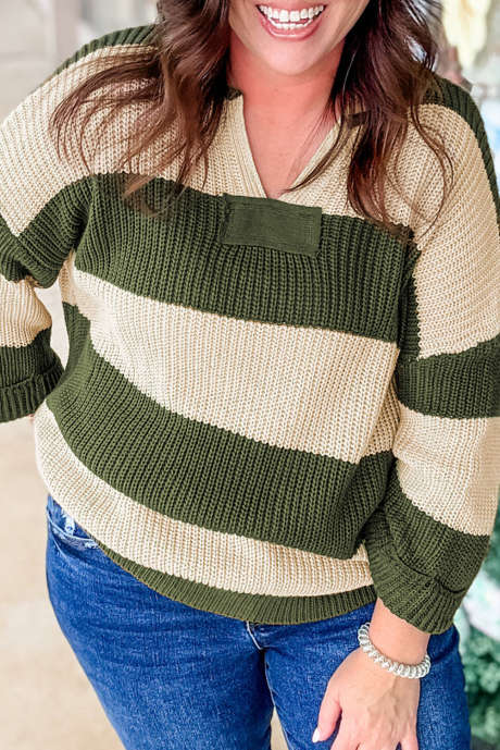Maglione color block a righe verdi con scollo a V e taglie forti
