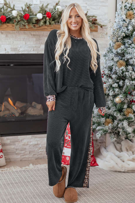 Ensemble pantalon 2 pièces gris carbone à côtes torsadées et détails patchwork léopard