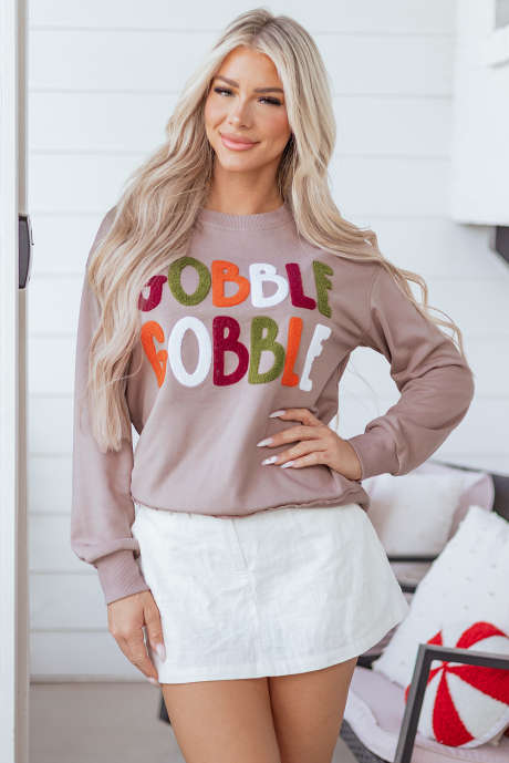 Sweat-shirt kaki foncé à imprimé graphique GOBBLE pour Thanksgiving
