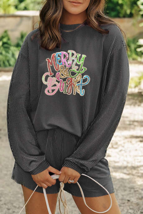 Carbon Grey Twisted Ribbed Merry & Bright Sequin Graphic Langarmshirt und 2-teiliges Shorts-Set LC628736-P4011